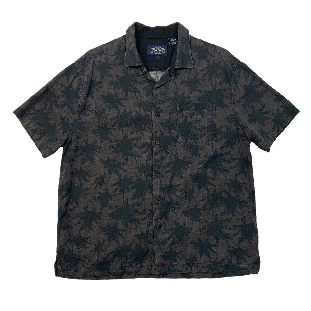 Nat Nast Shirt Mens L Large Brown Black Silk Blend Button Up Palm Tree Hawaiian